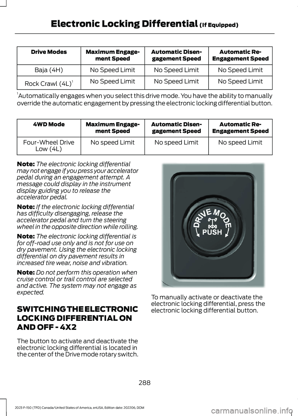 FORD F150 2023  Owners Manual Automatic Re-Engagement SpeedAutomatic Disen-gagement SpeedMaximum Engage-ment SpeedDrive Modes
No Speed LimitNo Speed LimitNo Speed LimitBaja (4H)
No Speed LimitNo Speed LimitNo Speed LimitRock Crawl