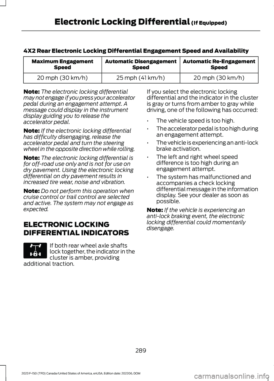 FORD F150 2023 Owners Guide 4X2 Rear Electronic Locking Differential Engagement Speed and Availability
Automatic Re-EngagementSpeedAutomatic DisengagementSpeedMaximum EngagementSpeed
20 mph (30 km/h)25 mph (41 km/h)20 mph (30 km