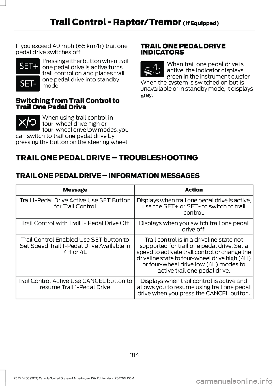 FORD F150 2023  Owners Manual If you exceed 40 mph (65 km/h) trail onepedal drive switches off.
Pressing either button when trailone pedal drive is active turnstrail control on and places trailone pedal drive into standbymode.
Swi