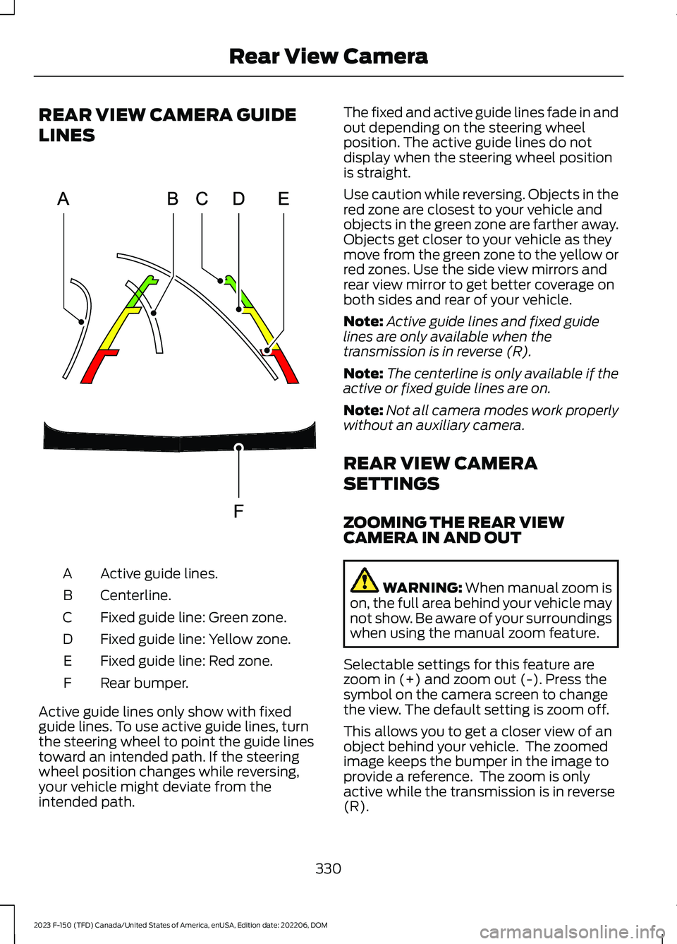 FORD F150 2023  Owners Manual REAR VIEW CAMERA GUIDE
LINES
Active guide lines.A
Centerline.B
Fixed guide line: Green zone.C
Fixed guide line: Yellow zone.D
Fixed guide line: Red zone.E
Rear bumper.F
Active guide lines only show wi