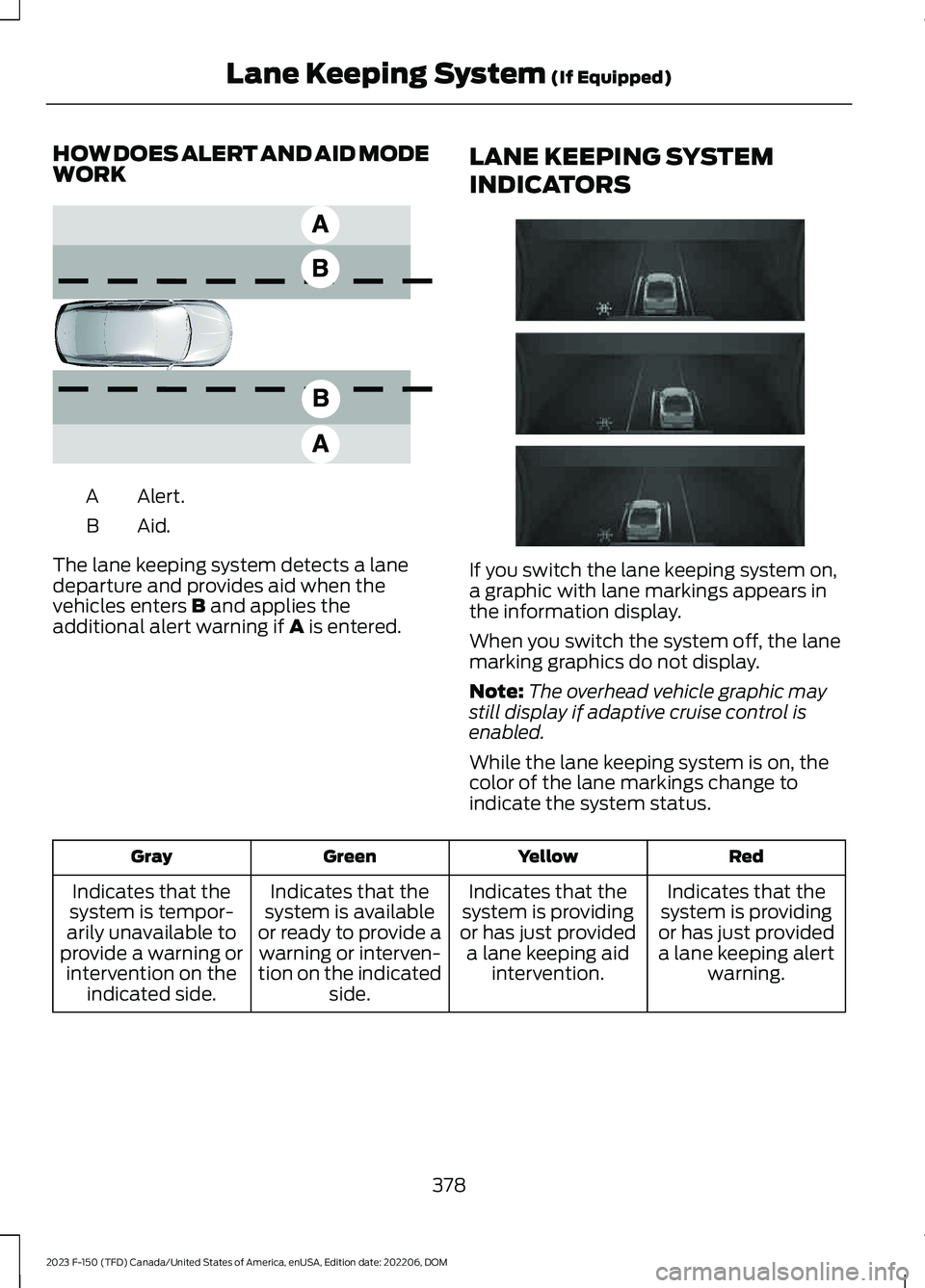 FORD F150 2023  Owners Manual HOW DOES ALERT AND AID MODEWORK
Alert.A
Aid.B
The lane keeping system detects a lanedeparture and provides aid when thevehicles enters B and applies theadditional alert warning if A is entered.
LANE K