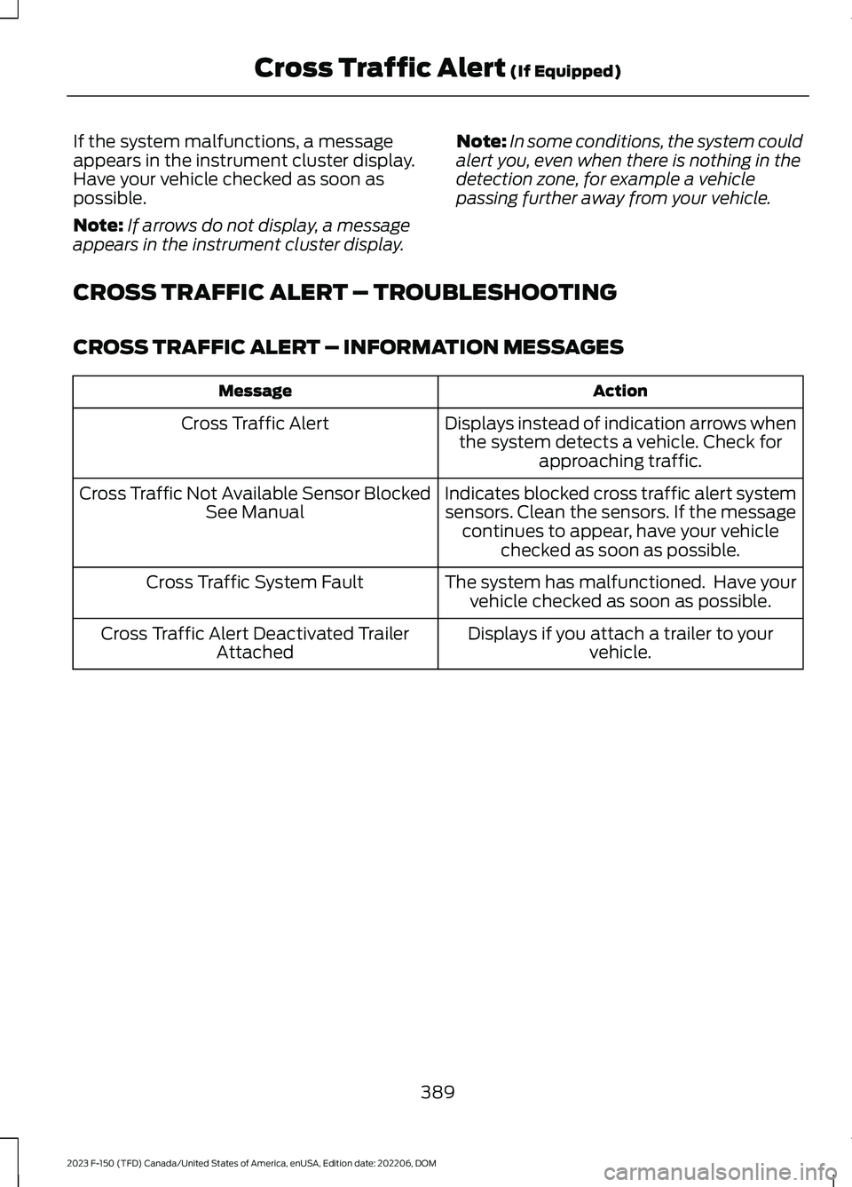 FORD F150 2023 Owners Manual If the system malfunctions, a messageappears in the instrument cluster display.Have your vehicle checked as soon aspossible.
Note:If arrows do not display, a messageappears in the instrument cluster d FORD F150 2023 Owners Manual If the system malfunctions, a messageappears in the instrument cluster display.Have your vehicle checked as soon aspossible.
Note:If arrows do not display, a messageappears in the instrument cluster d