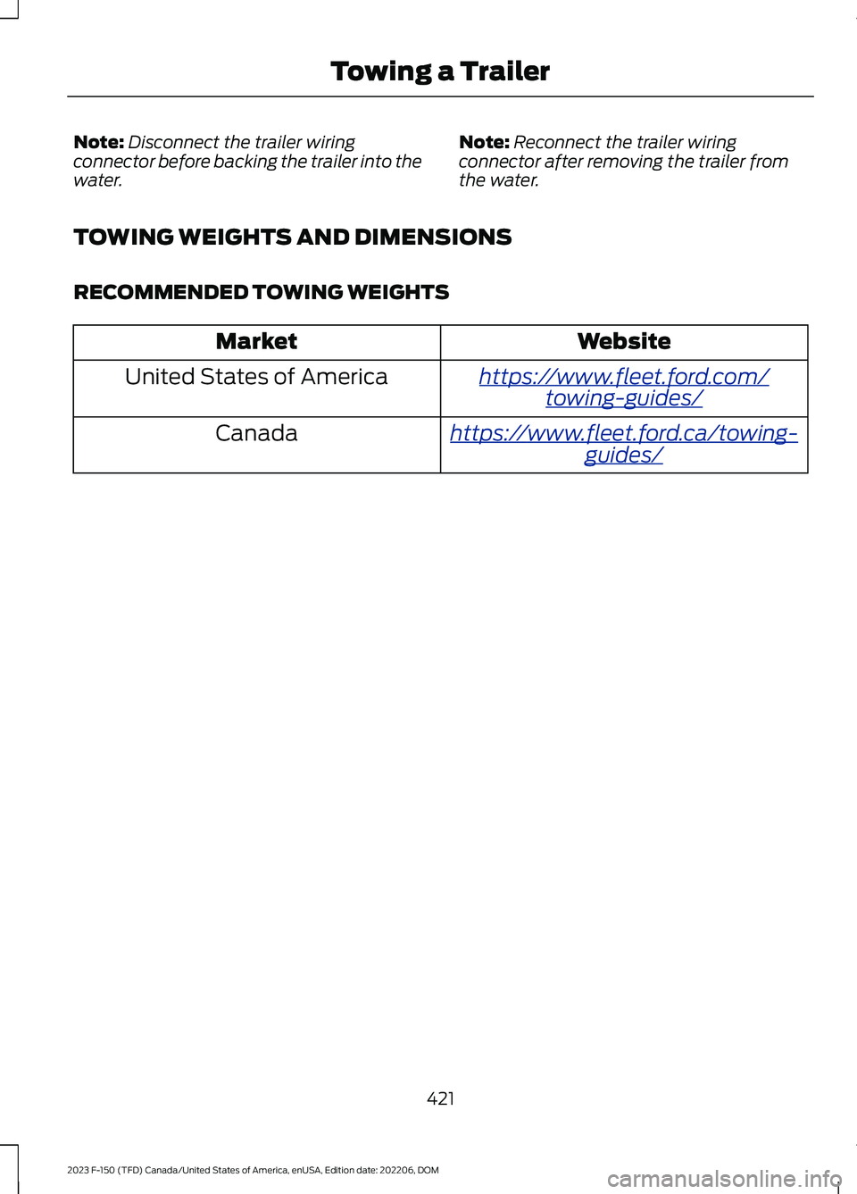 FORD F150 2023 Owners Manual Note:Disconnect the trailer wiringconnector before backing the trailer into thewater.
Note:Reconnect the trailer wiringconnector after removing the trailer fromthe water.
TOWING WEIGHTS AND DIMENSIONS FORD F150 2023 Owners Manual Note:Disconnect the trailer wiringconnector before backing the trailer into thewater.
Note:Reconnect the trailer wiringconnector after removing the trailer fromthe water.
TOWING WEIGHTS AND DIMENSIONS