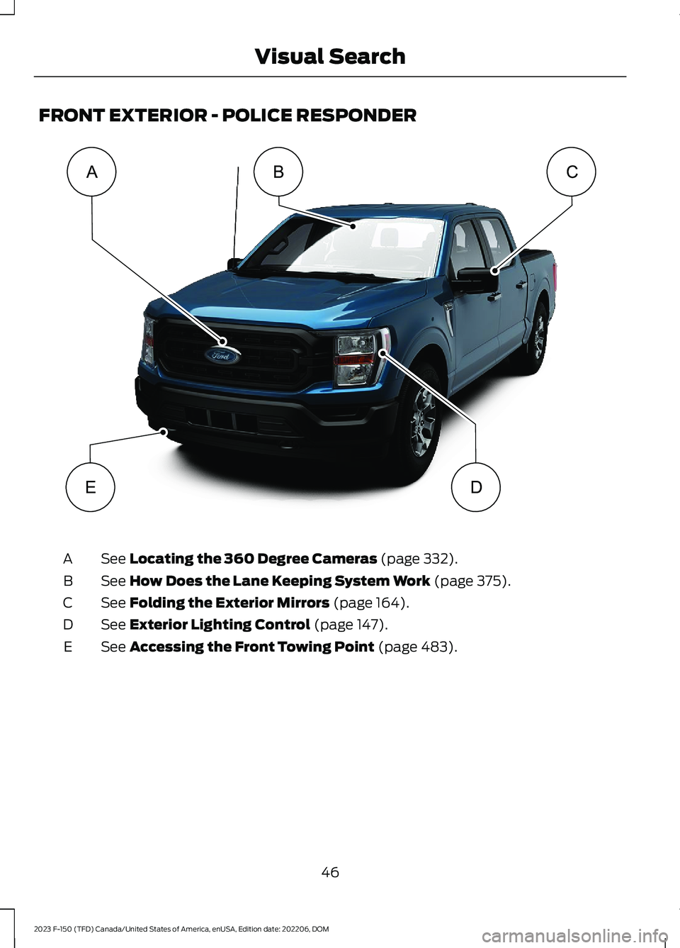 FORD F150 2023 Service Manual FRONT EXTERIOR - POLICE RESPONDER
See Locating the 360 Degree Cameras (page 332).A
See How Does the Lane Keeping System Work (page 375).B
See Folding the Exterior Mirrors (page 164).C
See Exterior Lig