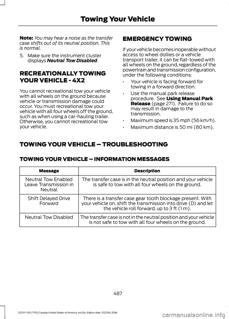 FORD F150 2023  Owners Manual Note:You may hear a noise as the transfercase shifts out of its neutral position. Thisis normal.
5.Make sure the instrument clusterdisplays Neutral Tow Disabled.
RECREATIONALLY TOWING
YOUR VEHICLE - 4