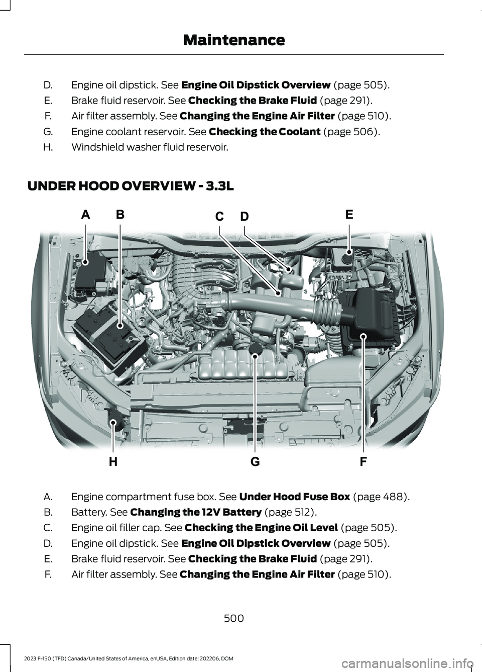 FORD F150 2023 Owners Guide Engine oil dipstick. See Engine Oil Dipstick Overview (page 505).D.
Brake fluid reservoir. See Checking the Brake Fluid (page 291).E.
Air filter assembly. See Changing the Engine Air Filter (page 510) FORD F150 2023 Owners Guide Engine oil dipstick. See Engine Oil Dipstick Overview (page 505).D.
Brake fluid reservoir. See Checking the Brake Fluid (page 291).E.
Air filter assembly. See Changing the Engine Air Filter (page 510)
