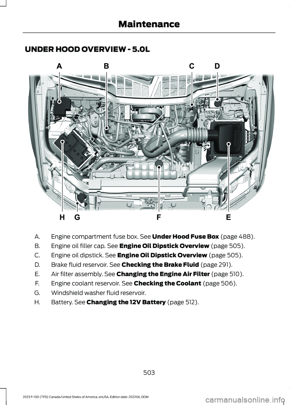 FORD F150 2023 Owners Guide UNDER HOOD OVERVIEW - 5.0L
Engine compartment fuse box. See Under Hood Fuse Box (page 488).A.
Engine oil filler cap. See Engine Oil Dipstick Overview (page 505).B.
Engine oil dipstick. See Engine Oil FORD F150 2023 Owners Guide UNDER HOOD OVERVIEW - 5.0L
Engine compartment fuse box. See Under Hood Fuse Box (page 488).A.
Engine oil filler cap. See Engine Oil Dipstick Overview (page 505).B.
Engine oil dipstick. See Engine Oil