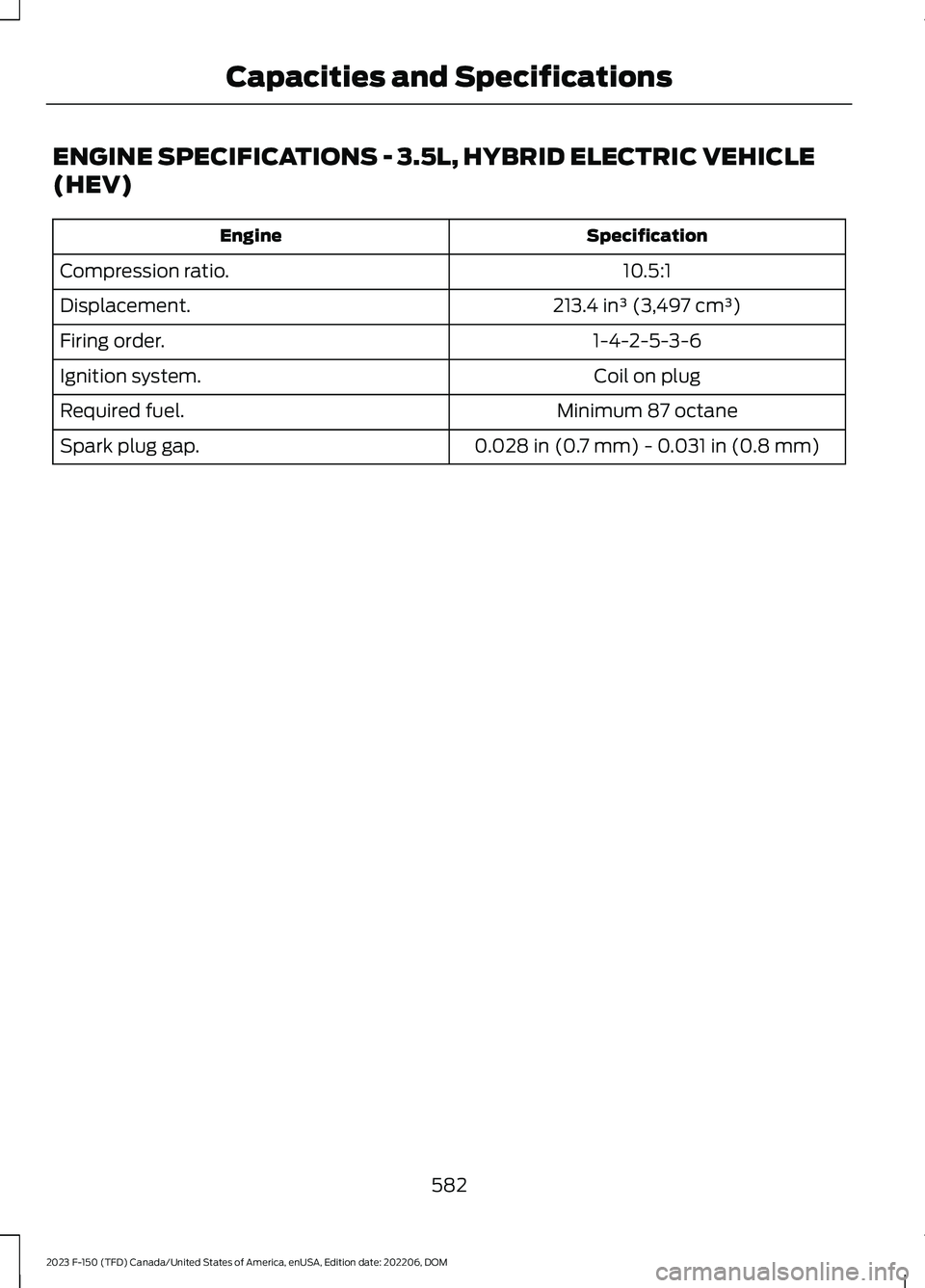 FORD F150 2023  Owners Manual ENGINE SPECIFICATIONS - 3.5L, HYBRID ELECTRIC VEHICLE
(HEV)
SpecificationEngine
10.5:1Compression ratio.
213.4 in³ (3,497 cm³)Displacement.
1-4-2-5-3-6Firing order.
Coil on plugIgnition system.
Mini