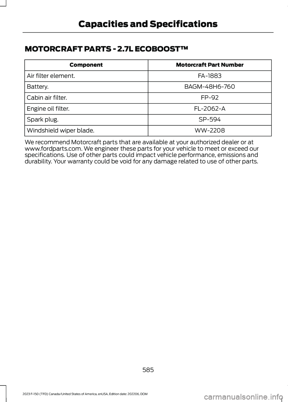 FORD F150 2023  Owners Manual MOTORCRAFT PARTS - 2.7L ECOBOOST™
Motorcraft Part NumberComponent
FA-1883Air filter element.
BAGM-48H6-760Battery.
FP-92Cabin air filter.
FL-2062-AEngine oil filter.
SP-594Spark plug.
WW-2208Windshi