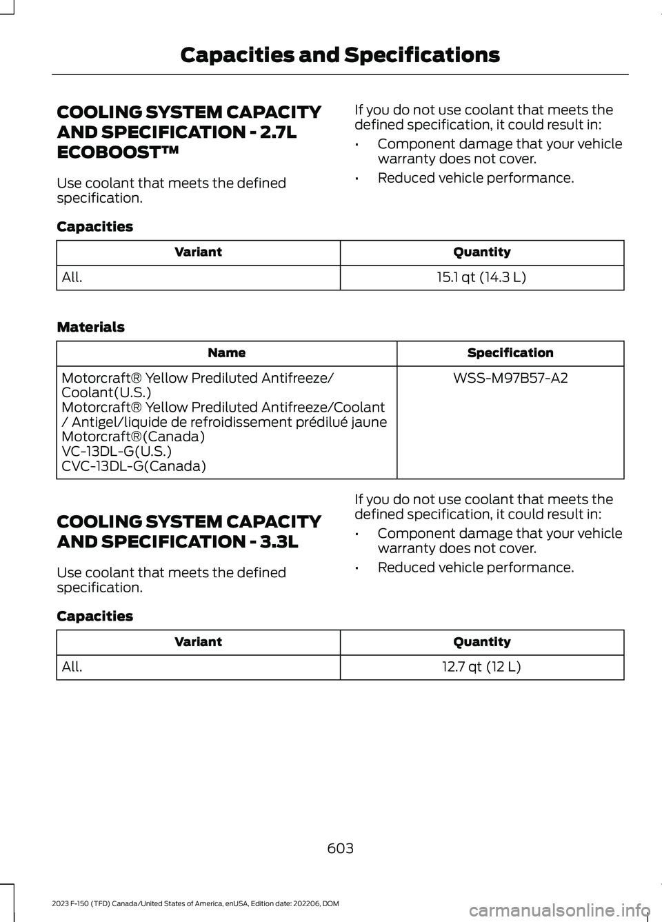 FORD F150 2023  Owners Manual COOLING SYSTEM CAPACITY
AND SPECIFICATION - 2.7L
ECOBOOST™
Use coolant that meets the definedspecification.
If you do not use coolant that meets thedefined specification, it could result in:
•Comp