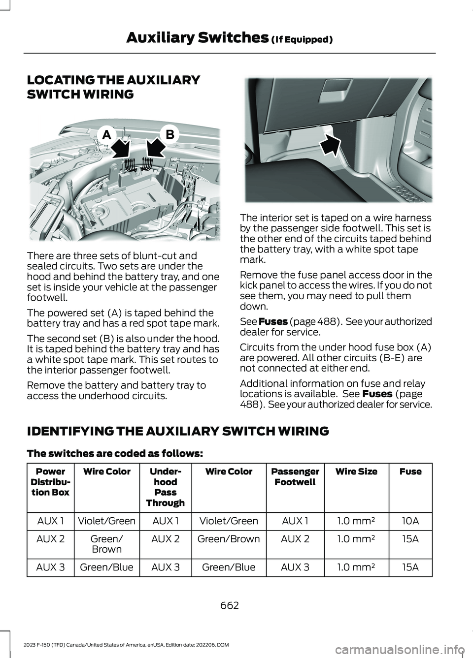 FORD F150 2023 Owners Manual LOCATING THE AUXILIARY
SWITCH WIRING
There are three sets of blunt-cut andsealed circuits. Two sets are under thehood and behind the battery tray, and oneset is inside your vehicle at the passengerfoo FORD F150 2023 Owners Manual LOCATING THE AUXILIARY
SWITCH WIRING
There are three sets of blunt-cut andsealed circuits. Two sets are under thehood and behind the battery tray, and oneset is inside your vehicle at the passengerfoo
