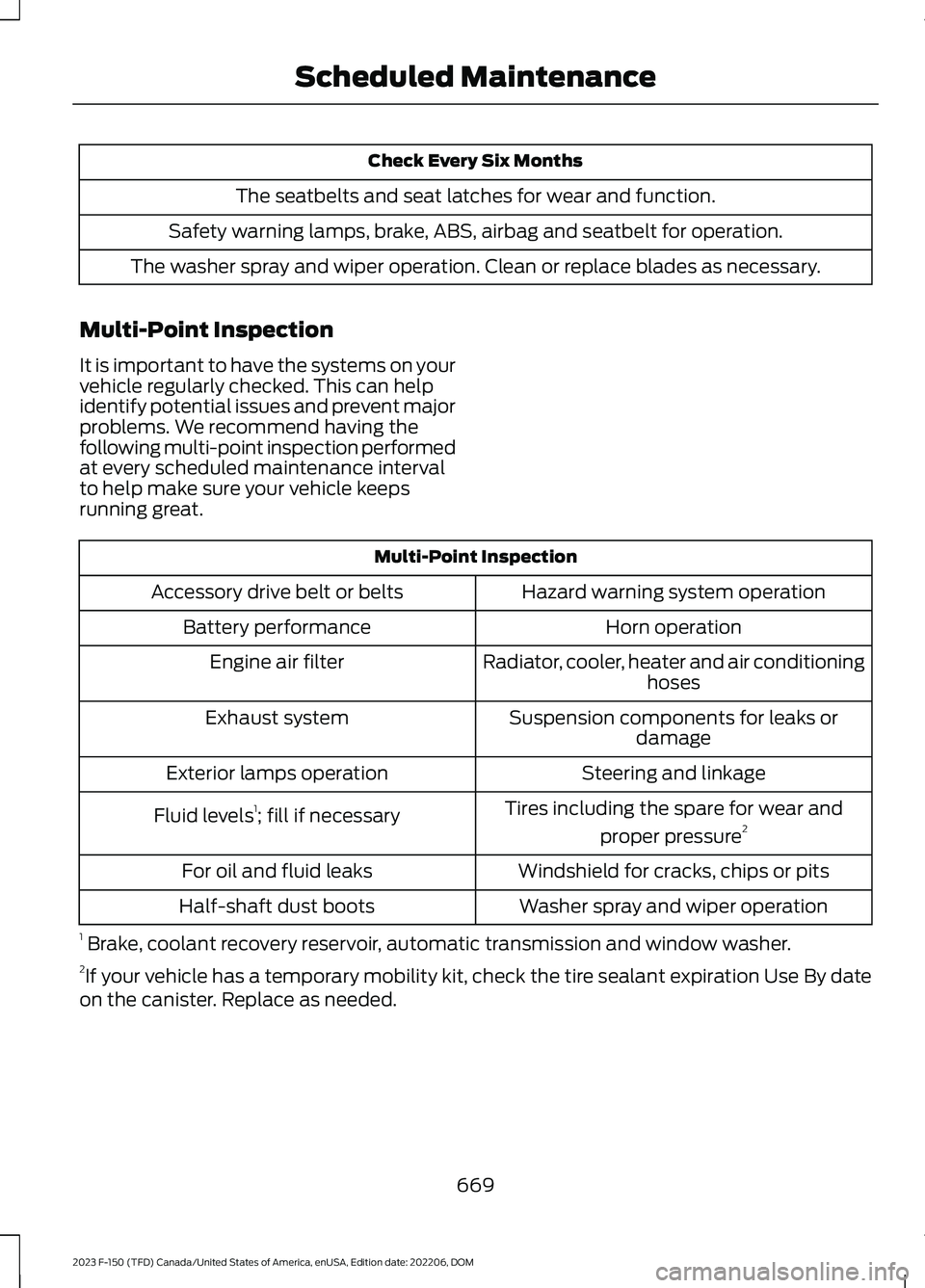 FORD F150 2023 Service Manual Check Every Six Months
The seatbelts and seat latches for wear and function.
Safety warning lamps, brake, ABS, airbag and seatbelt for operation.
The washer spray and wiper operation. Clean or replace