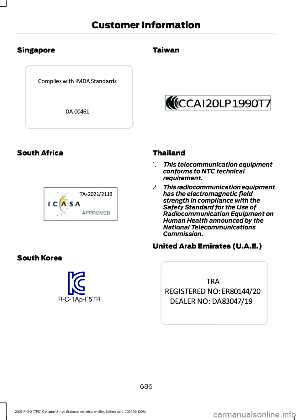 FORD F150 2023 Owners Manual Singapore
South Africa
South Korea
Taiwan
Thailand
1.This telecommunication equipmentconforms to NTC technicalrequirement.
2.This radiocommunication equipmenthas the electromagnetic fieldstrength in c FORD F150 2023 Owners Manual Singapore
South Africa
South Korea
Taiwan
Thailand
1.This telecommunication equipmentconforms to NTC technicalrequirement.
2.This radiocommunication equipmenthas the electromagnetic fieldstrength in c