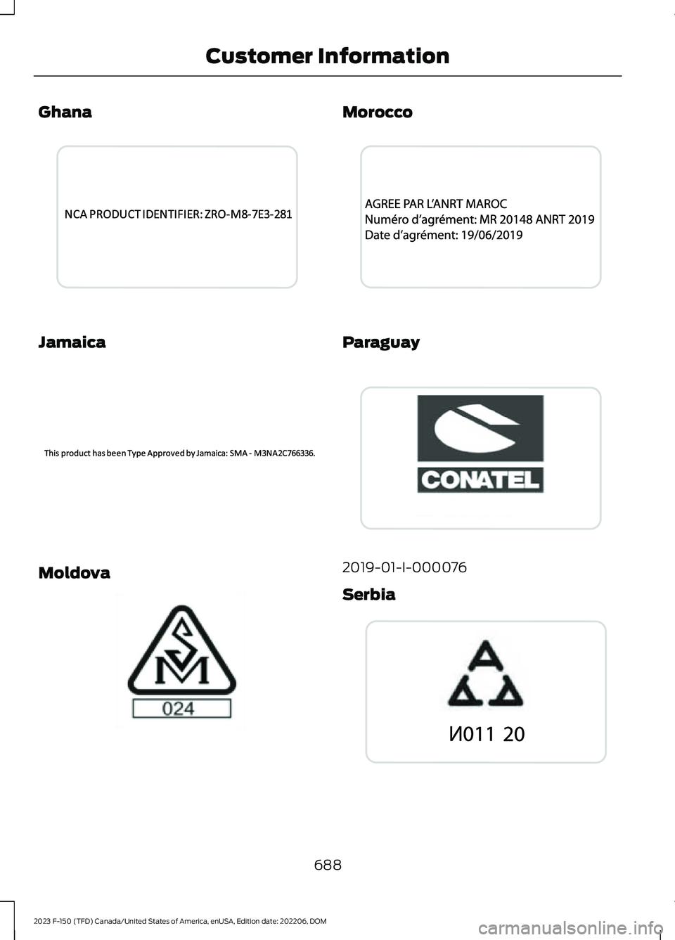 FORD F150 2023  Owners Manual Ghana
Jamaica
Moldova
Morocco
Paraguay
2019-01-I-000076
Serbia
688
2023 F-150 (TFD) Canada/United States of America, enUSA, Edition date: 202206, DOMCustomer InformationE341433  E340500  E337971  E340