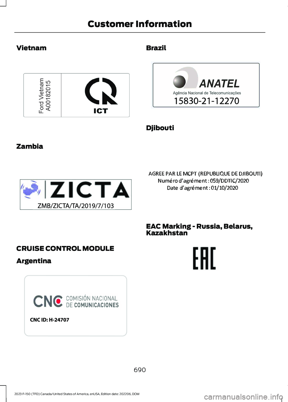 FORD F150 2023  Owners Manual Vietnam
Zambia
CRUISE CONTROL MODULE
Argentina
Brazil
Djibouti
EAC Marking - Russia, Belarus,Kazakhstan
690
2023 F-150 (TFD) Canada/United States of America, enUSA, Edition date: 202206, DOMCustomer I