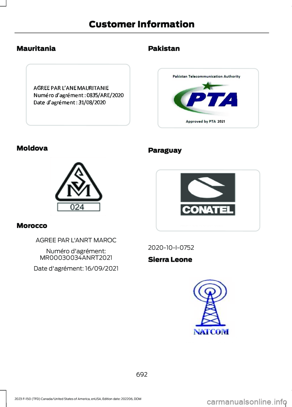 FORD F150 2023  Owners Manual Mauritania
Moldova
Morocco
AGREE PAR L'ANRT MAROC
Numéro d'agrément:MR00030034ANRT2021
Date d'agrément: 16/09/2021
Pakistan
Paraguay
2020-10-I-0752
Sierra Leone
692
2023 F-150 (TFD) Can