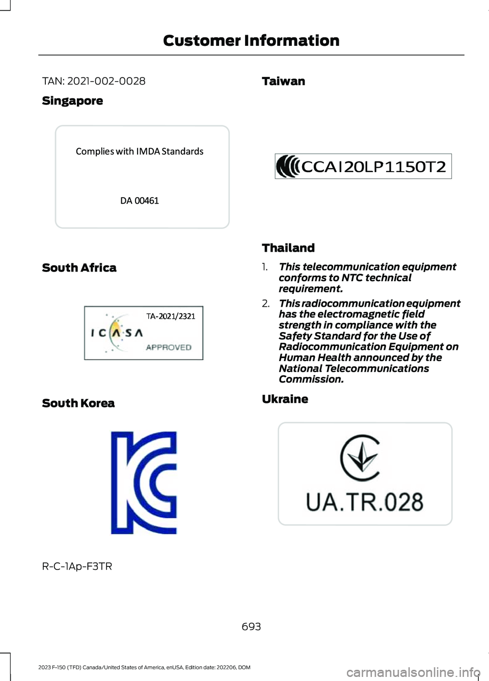 FORD F150 2023  Owners Manual TAN: 2021-002-0028
Singapore
South Africa
South Korea
R-C-1Ap-F3TR
Taiwan
Thailand
1.This telecommunication equipmentconforms to NTC technicalrequirement.
2.This radiocommunication equipmenthas the el