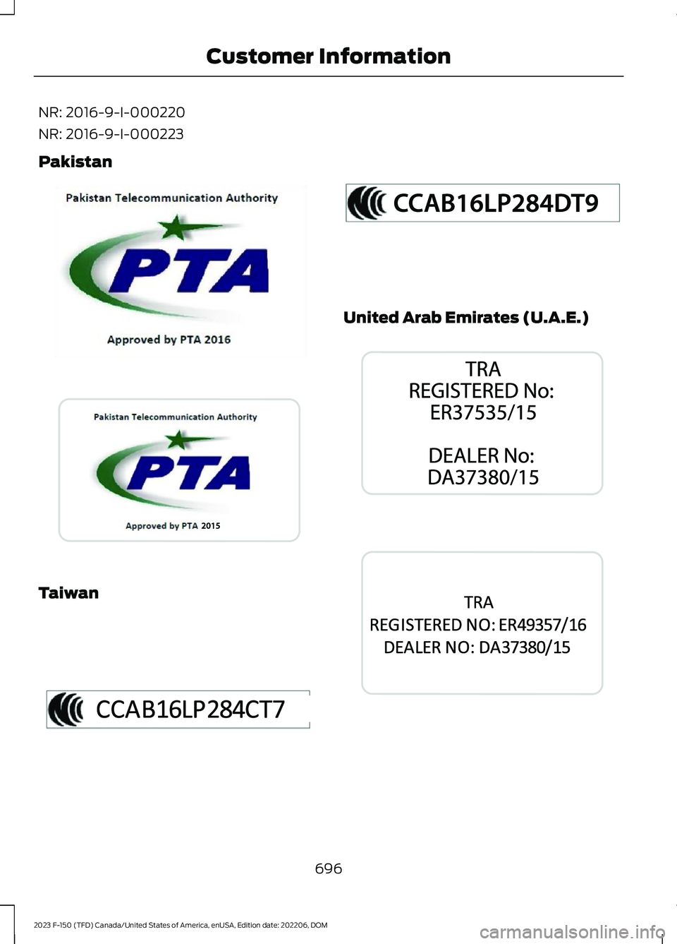 FORD F150 2023  Owners Manual NR: 2016-9-I-000220
NR: 2016-9-I-000223
Pakistan
Taiwan
United Arab Emirates (U.A.E.)
696
2023 F-150 (TFD) Canada/United States of America, enUSA, Edition date: 202206, DOMCustomer InformationE337974 