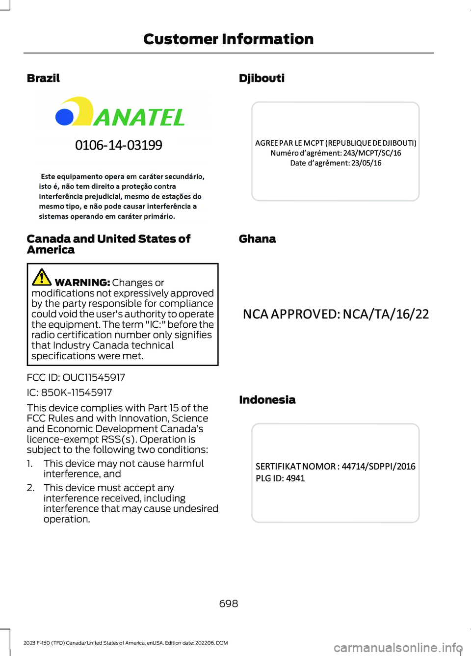 FORD F150 2023 Owners Manual Brazil
Canada and United States ofAmerica
WARNING: Changes ormodifications not expressively approvedby the party responsible for compliancecould void the user's authority to operatethe equipment. FORD F150 2023 Owners Manual Brazil
Canada and United States ofAmerica
WARNING: Changes ormodifications not expressively approvedby the party responsible for compliancecould void the user's authority to operatethe equipment.