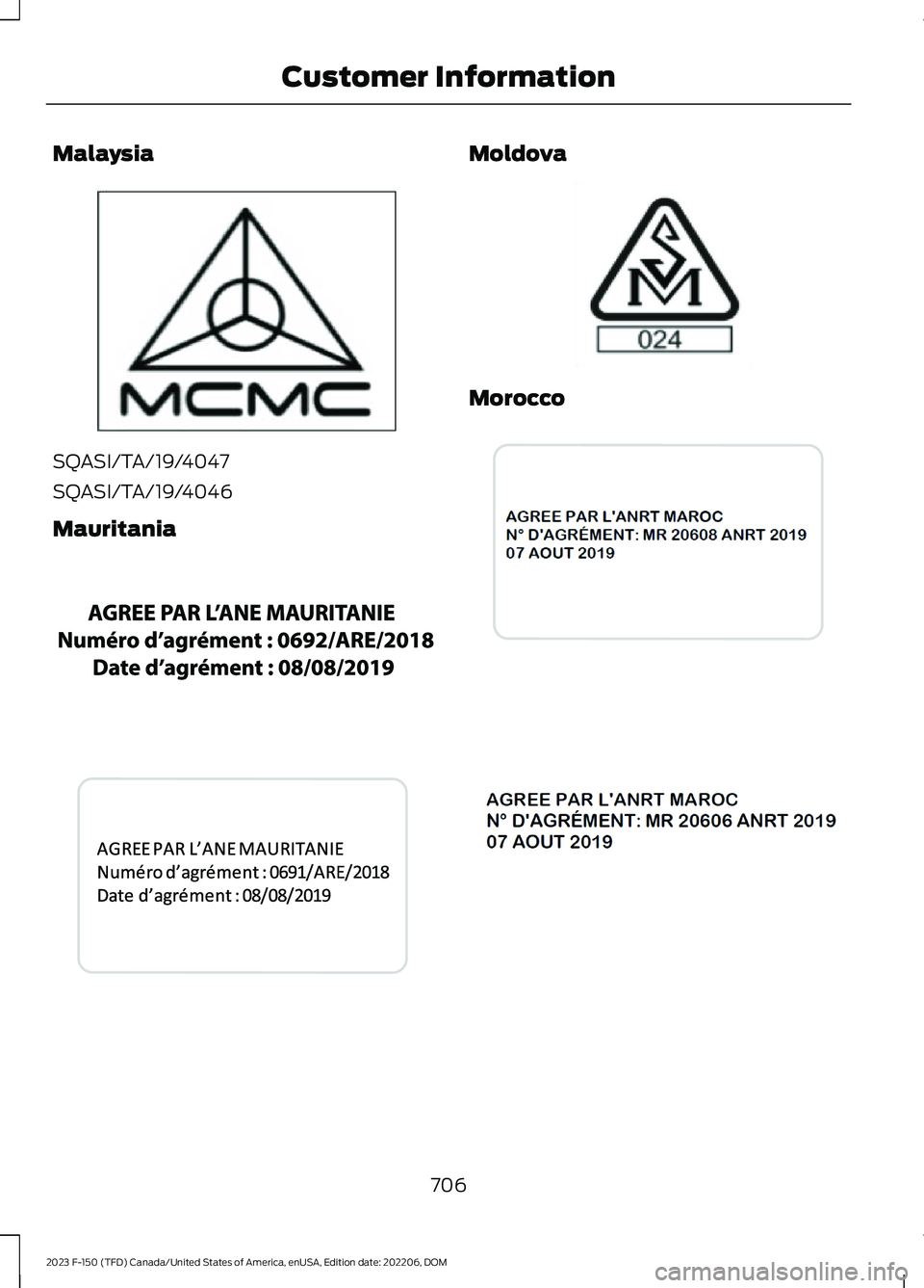 FORD F150 2023  Owners Manual Malaysia
SQASI/TA/19/4047
SQASI/TA/19/4046
Mauritania
Moldova
Morocco
706
2023 F-150 (TFD) Canada/United States of America, enUSA, Edition date: 202206, DOMCustomer InformationE339836  E342401  E34251