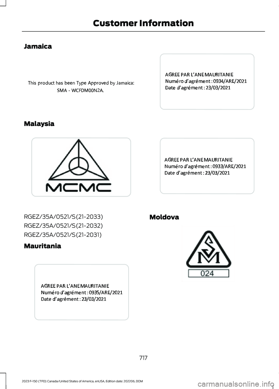 FORD F150 2023 Owners Manual Jamaica
Malaysia
RGEZ/35A/0521/S(21-2033)
RGEZ/35A/0521/S(21-2032)
RGEZ/35A/0521/S(21-2031)
Mauritania
Moldova
717
2023 F-150 (TFD) Canada/United States of America, enUSA, Edition date: 202206, DOMCus FORD F150 2023 Owners Manual Jamaica
Malaysia
RGEZ/35A/0521/S(21-2033)
RGEZ/35A/0521/S(21-2032)
RGEZ/35A/0521/S(21-2031)
Mauritania
Moldova
717
2023 F-150 (TFD) Canada/United States of America, enUSA, Edition date: 202206, DOMCus