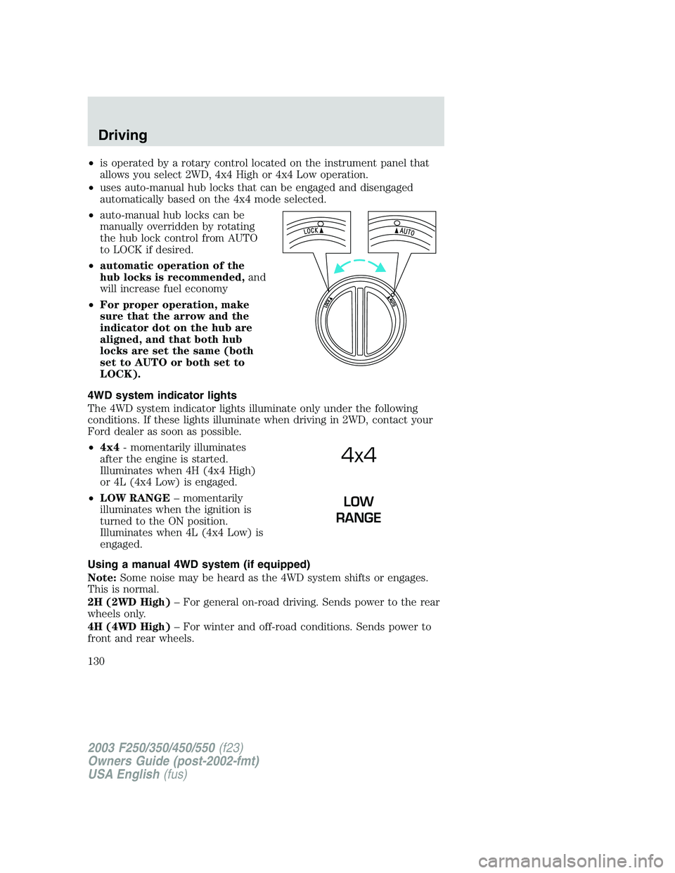 FORD F250 2003  Owners Manual •is operated by a rotary control located on the instrument panel that
allows you select 2WD, 4x4 High or 4x4 Low operation.
•uses auto-manual hub locks that can be engaged and disengaged
automatic