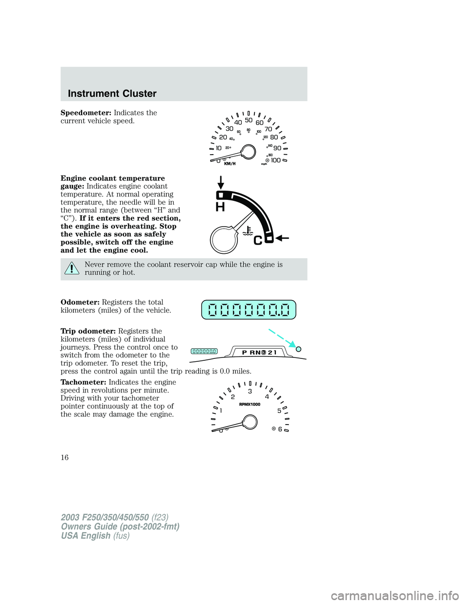 FORD F250 2003  Owners Manual Speedometer:Indicates the
current vehicle speed.
Engine coolant temperature
gauge:Indicates engine coolant
temperature. At normal operating
temperature, the needle will be in
the normal range (between