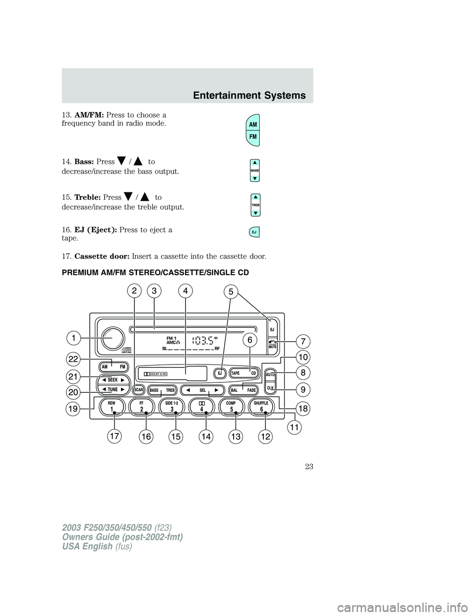 FORD F250 2003 Owners Manual 13.AM/FM:Press to choose a
frequency band in radio mode.
14.Bass:Press
/to
decrease/increase the bass output.
15.Treble:Press
/to
decrease/increase the treble output.
16.EJ (Eject):Press to eject a
ta