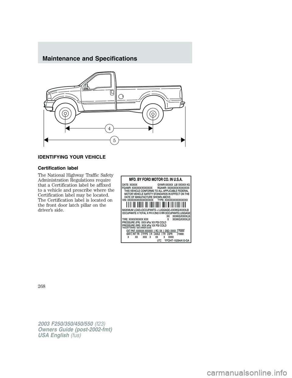 FORD F250 2003 Owners Manual IDENTIFYING YOUR VEHICLE
Certification label
The National Highway Traffic Safety
Administration Regulations require
that a Certification label be affixed
to a vehicle and prescribe where the
Certifica FORD F250 2003 Owners Manual IDENTIFYING YOUR VEHICLE
Certification label
The National Highway Traffic Safety
Administration Regulations require
that a Certification label be affixed
to a vehicle and prescribe where the
Certifica