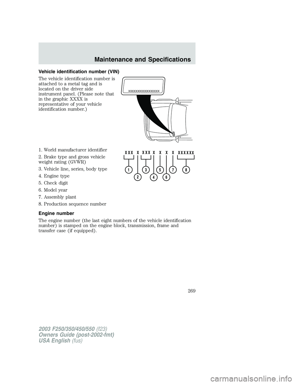 FORD F250 2003 Owners Manual Vehicle identification number (VIN)
The vehicle identification number is
attached to a metal tag and is
located on the driver side
instrument panel. (Please note that
in the graphic XXXX is
representa FORD F250 2003 Owners Manual Vehicle identification number (VIN)
The vehicle identification number is
attached to a metal tag and is
located on the driver side
instrument panel. (Please note that
in the graphic XXXX is
representa