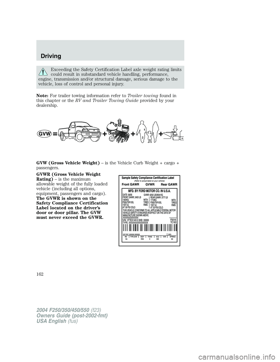 FORD F250 2004  Owners Manual Exceeding the Safety Certification Label axle weight rating limits
could result in substandard vehicle handling, performance,
engine, transmission and/or structural damage, serious damage to the
vehic