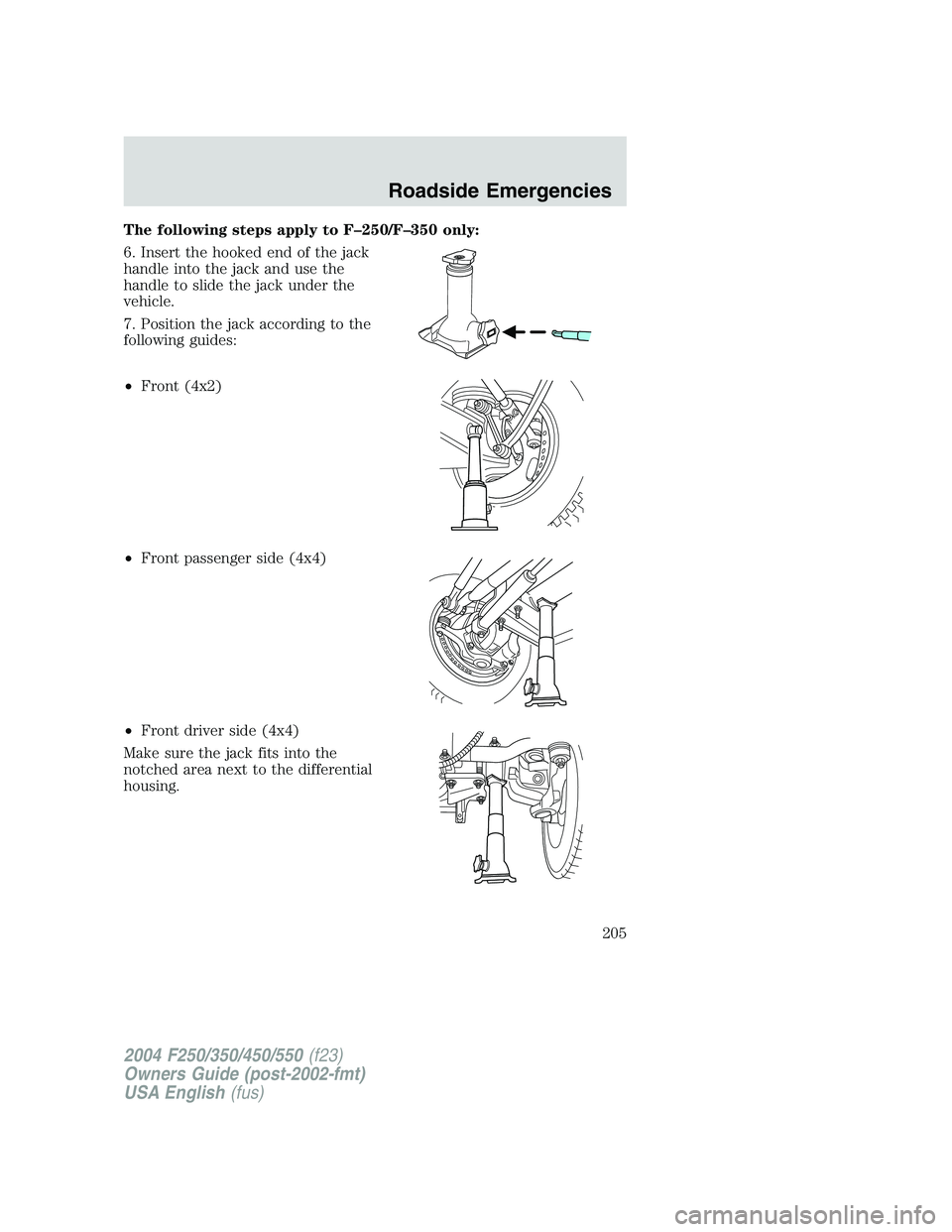 FORD F250 2004  Owners Manual The following steps apply to F–250/F–350 only:
6. Insert the hooked end of the jack
handle into the jack and use the
handle to slide the jack under the
vehicle.
7. Position the jack according to t