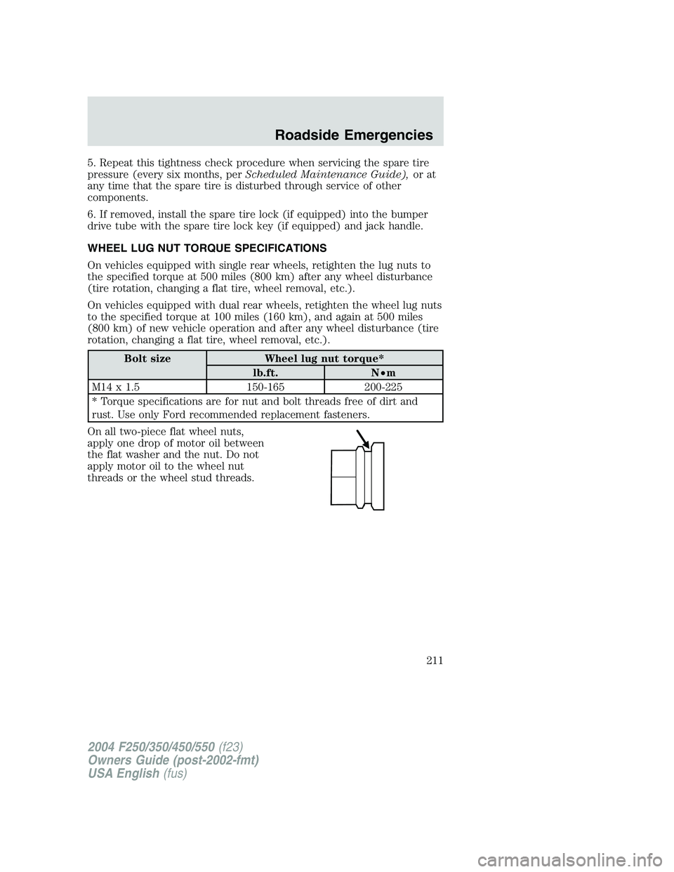 FORD F250 2004  Owners Manual 5. Repeat this tightness check procedure when servicing the spare tire
pressure (every six months, perScheduled Maintenance Guide),or at
any time that the spare tire is disturbed through service of ot