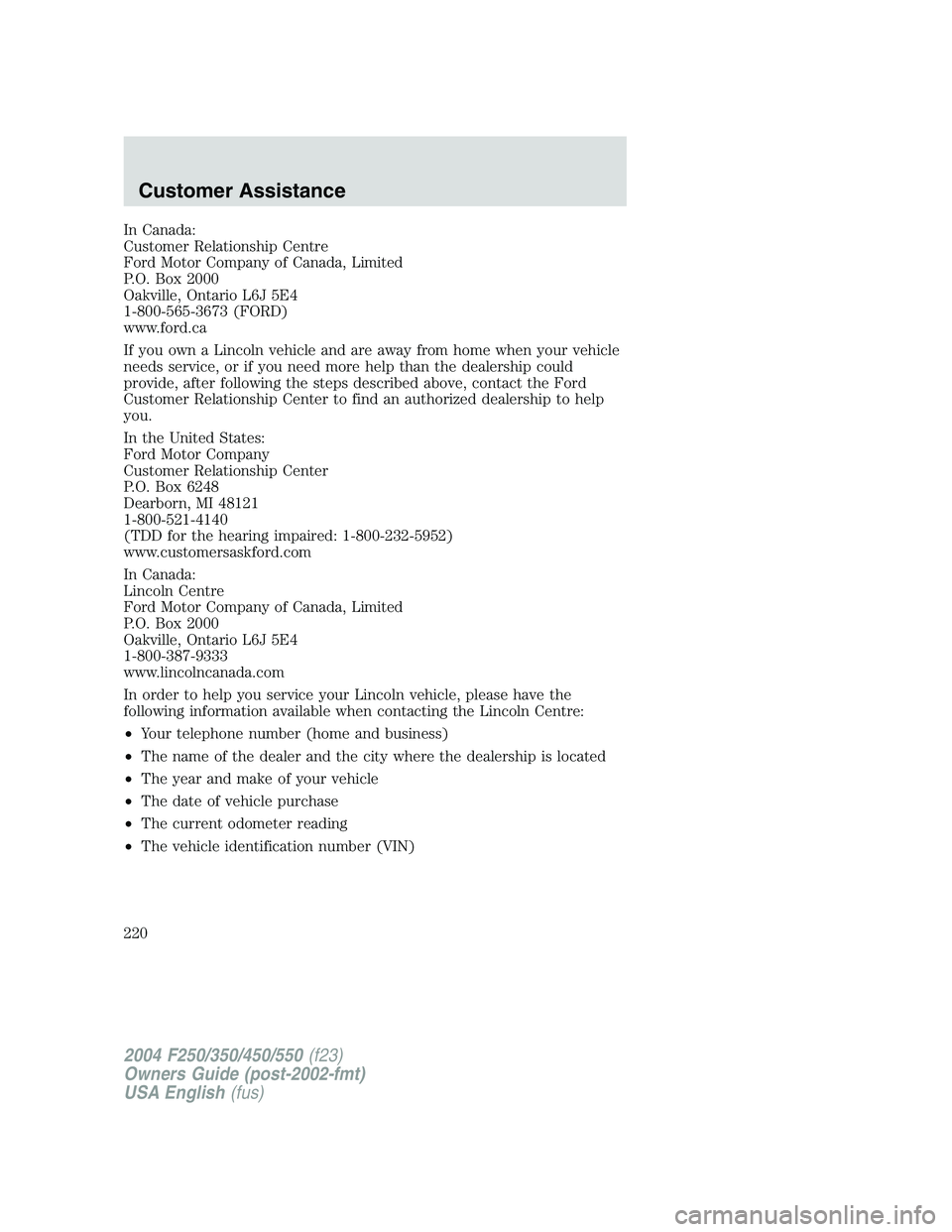 FORD F250 2004  Owners Manual In Canada:
Customer Relationship Centre
Ford Motor Company of Canada, Limited
P.O. Box 2000
Oakville, Ontario L6J 5E4
1-800-565-3673 (FORD)
www.ford.ca
If you own a Lincoln vehicle and are away from h