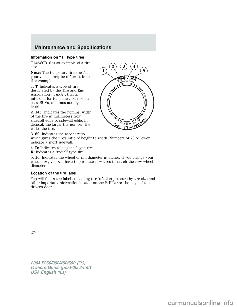 FORD F250 2004 Owners Manual Information on“T”type tires
T145/80D16 is an example of a tire
size.
Note:The temporary tire size for
your vehicle may be different from
this example.
1.T:Indicates a type of tire,
designated by t FORD F250 2004 Owners Manual Information on“T”type tires
T145/80D16 is an example of a tire
size.
Note:The temporary tire size for
your vehicle may be different from
this example.
1.T:Indicates a type of tire,
designated by t