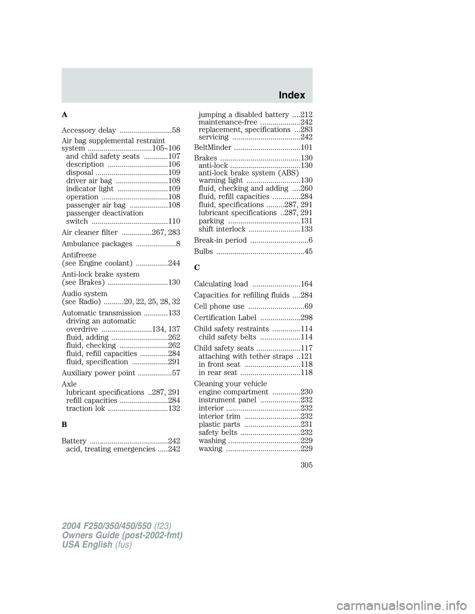 FORD F250 2004 User Guide A
Accessory delay ..........................58
Air bag supplemental restraint
system ................................105–106
and child safety seats ............107
description ......................