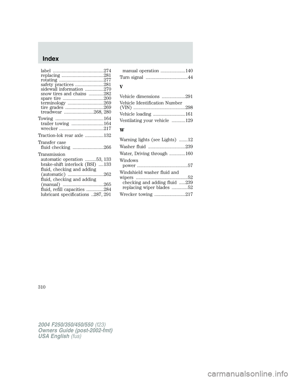 FORD F250 2004  Owners Manual label .........................................274
replacing ..................................281
rotating ....................................277
safety practices .......................281
sidewall