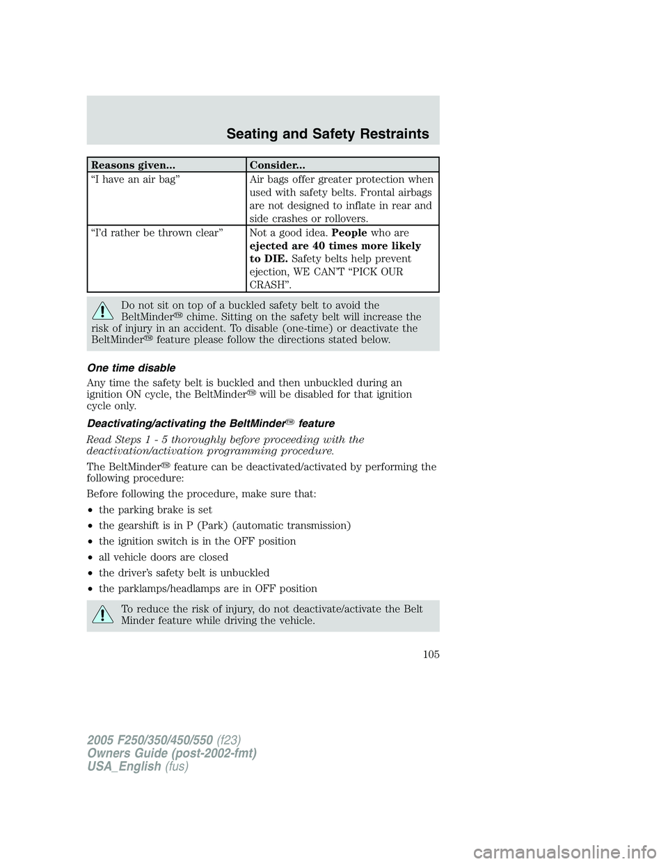 FORD F250 2005 Owners Manual Reasons given... Consider...
“I have an air bag” Air bags offer greater protection when
used with safety belts. Frontal airbags
are not designed to inflate in rear and
side crashes or rollovers.
FORD F250 2005 Owners Manual Reasons given... Consider...
“I have an air bag” Air bags offer greater protection when
used with safety belts. Frontal airbags
are not designed to inflate in rear and
side crashes or rollovers.