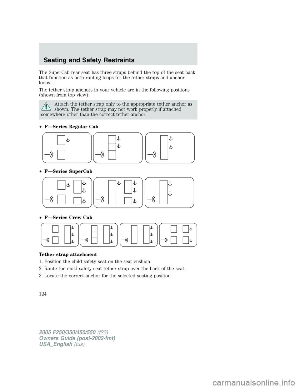 FORD F250 2005 Owners Manual The SuperCab rear seat has three straps behind the top of the seat back
that function as both routing loops for the tether straps and anchor
loops.
The tether strap anchors in your vehicle are in the FORD F250 2005 Owners Manual The SuperCab rear seat has three straps behind the top of the seat back
that function as both routing loops for the tether straps and anchor
loops.
The tether strap anchors in your vehicle are in the
