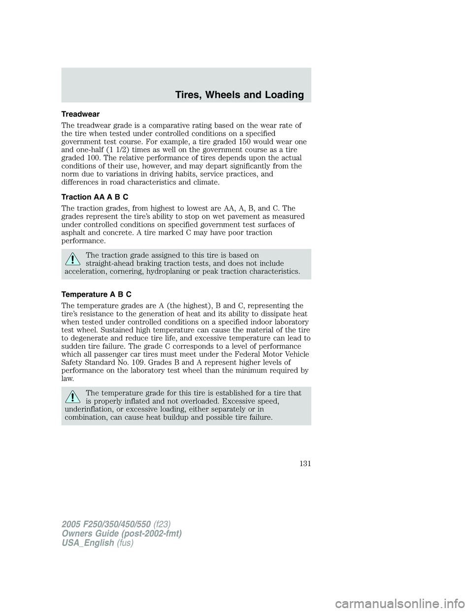 FORD F250 2005  Owners Manual Treadwear
The treadwear grade is a comparative rating based on the wear rate of
the tire when tested under controlled conditions on a specified
government test course. For example, a tire graded 150 w