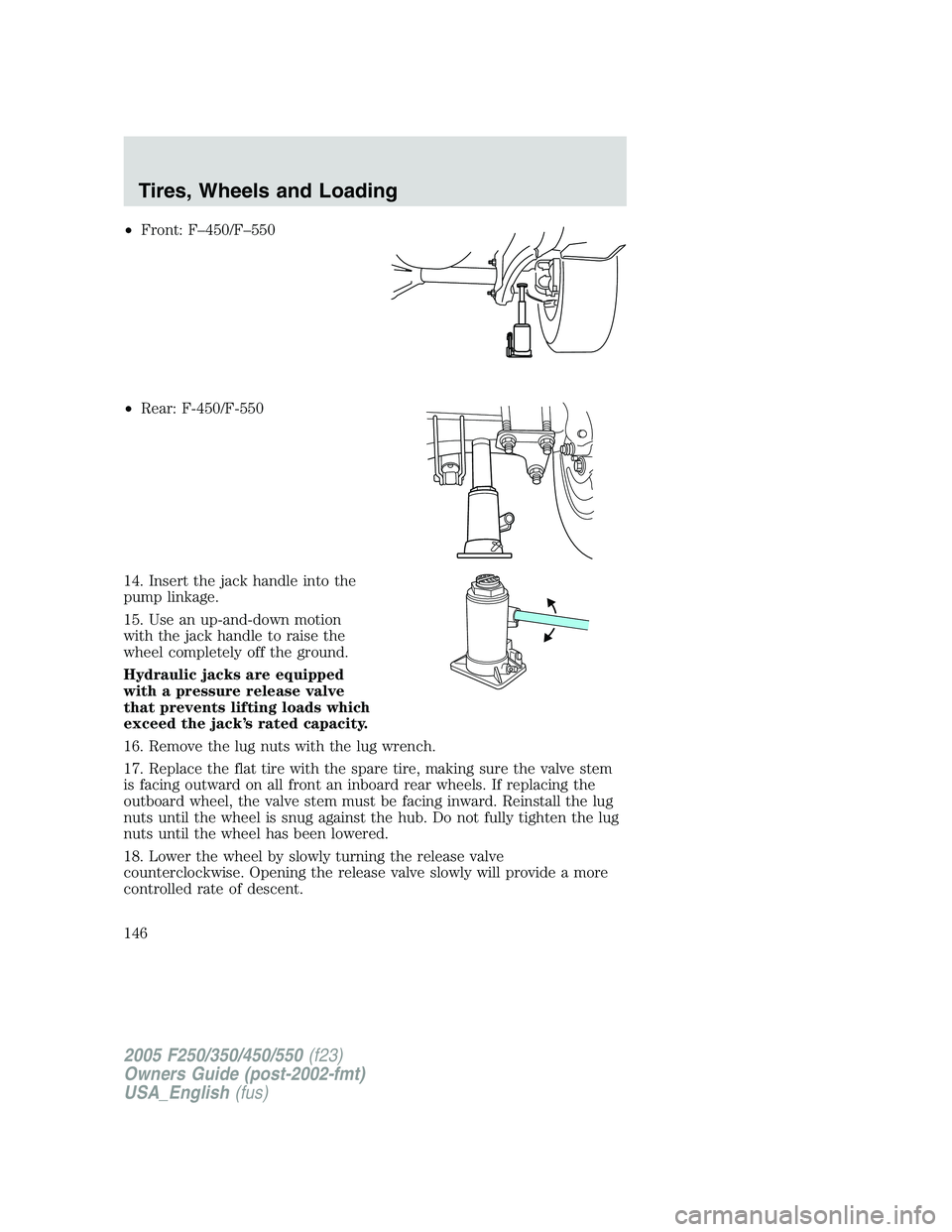 FORD F250 2005 Owners Manual •Front: F–450/F–550
•Rear: F-450/F-550
14. Insert the jack handle into the
pump linkage.
15. Use an up-and-down motion
with the jack handle to raise the
wheel completely off the ground.
Hydrau FORD F250 2005 Owners Manual •Front: F–450/F–550
•Rear: F-450/F-550
14. Insert the jack handle into the
pump linkage.
15. Use an up-and-down motion
with the jack handle to raise the
wheel completely off the ground.
Hydrau