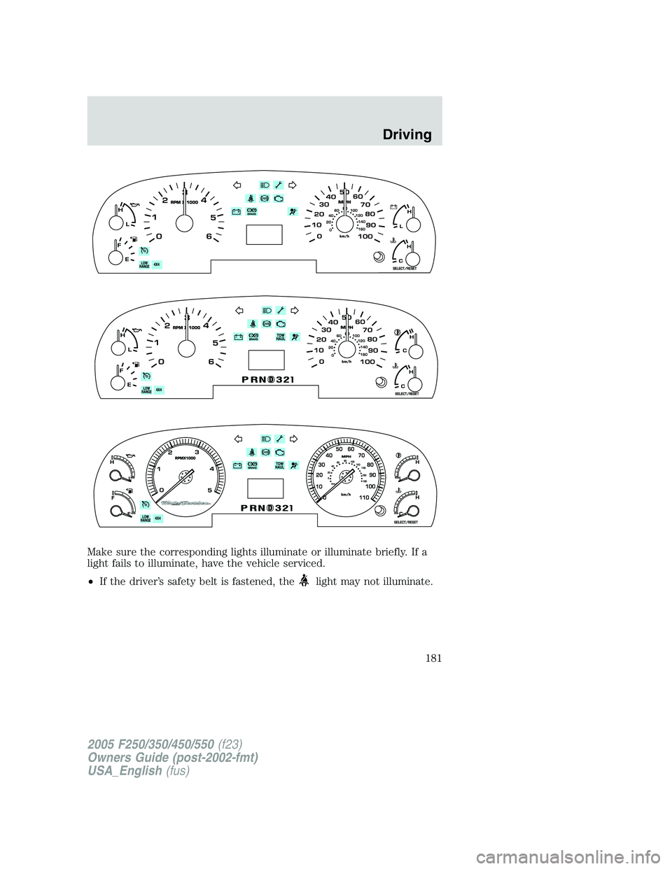 FORD F250 2005 Owners Manual Make sure the corresponding lights illuminate or illuminate briefly. If a
light fails to illuminate, have the vehicle serviced.
•If the driver’s safety belt is fastened, the
light may not illumina FORD F250 2005 Owners Manual Make sure the corresponding lights illuminate or illuminate briefly. If a
light fails to illuminate, have the vehicle serviced.
•If the driver’s safety belt is fastened, the
light may not illumina