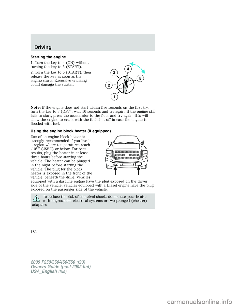 FORD F250 2005 Owners Manual Starting the engine
1. Turn the key to 4 (ON) without
turning the key to 5 (START).
2. Turn the key to 5 (START), then
release the key as soon as the
engine starts. Excessive cranking
could damage the FORD F250 2005 Owners Manual Starting the engine
1. Turn the key to 4 (ON) without
turning the key to 5 (START).
2. Turn the key to 5 (START), then
release the key as soon as the
engine starts. Excessive cranking
could damage the
