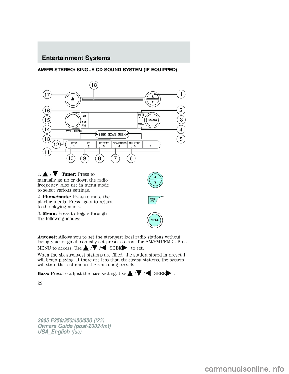 FORD F250 2005 Owners Manual AM/FM STEREO/ SINGLE CD SOUND SYSTEM (IF EQUIPPED)
1.
/Tuner:Press to
manually go up or down the radio
frequency. Also use in menu mode
to select various settings.
2.Phone/mute:Press to mute the
playi