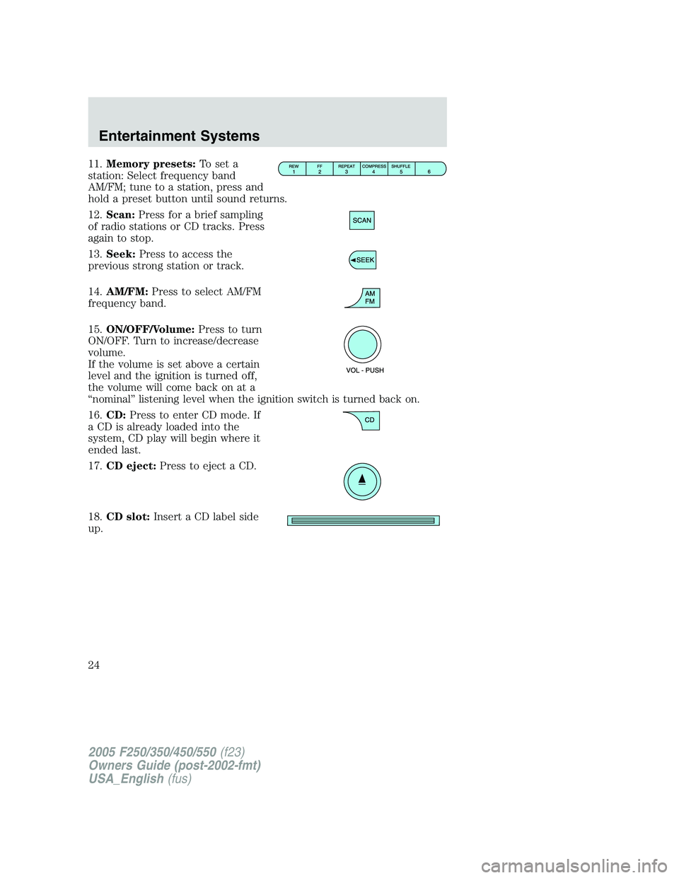 FORD F250 2005 Owners Manual 11.Memory presets:To set a
station: Select frequency band
AM/FM; tune to a station, press and
hold a preset button until sound returns.
12.Scan:Press for a brief sampling
of radio stations or CD track
