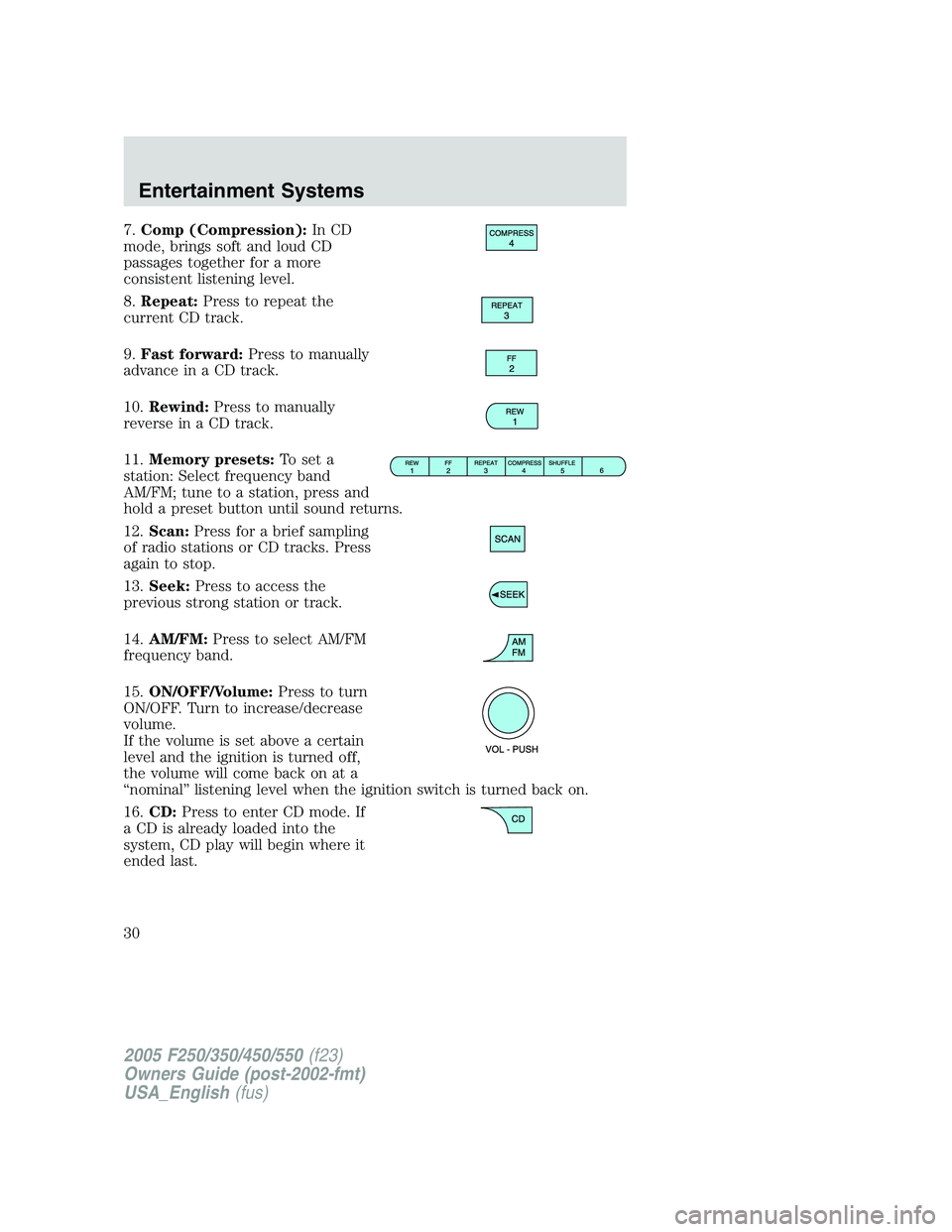 FORD F250 2005 Owners Manual 7.Comp (Compression):In CD
mode, brings soft and loud CD
passages together for a more
consistent listening level.
8.Repeat:Press to repeat the
current CD track.
9.Fast forward:Press to manually
advanc