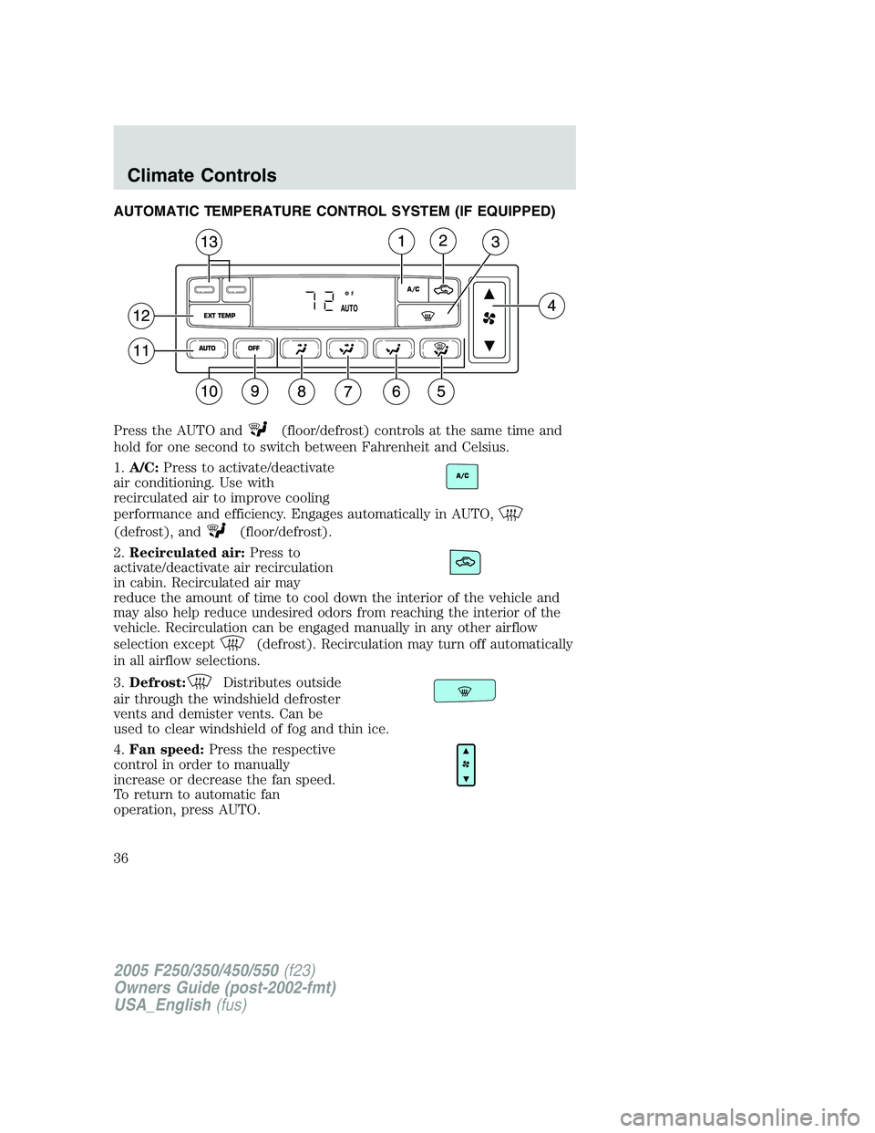 FORD F250 2005  Owners Manual AUTOMATIC TEMPERATURE CONTROL SYSTEM (IF EQUIPPED)
Press the AUTO and
(floor/defrost) controls at the same time and
hold for one second to switch between Fahrenheit and Celsius.
1.A/C:Press to activat