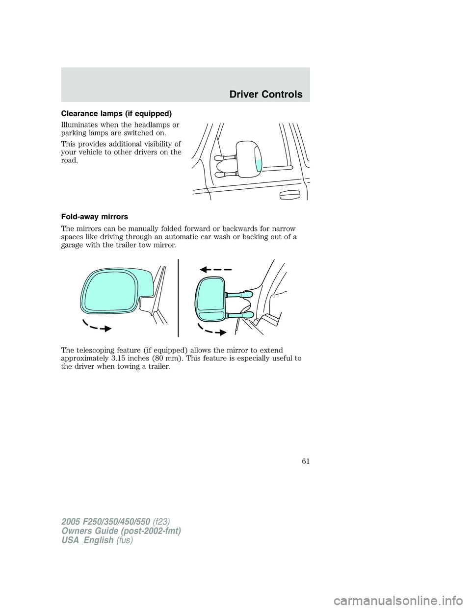 FORD F250 2005 Repair Manual Clearance lamps (if equipped)
Illuminates when the headlamps or
parking lamps are switched on.
This provides additional visibility of
your vehicle to other drivers on the
road.
Fold-away mirrors
The m