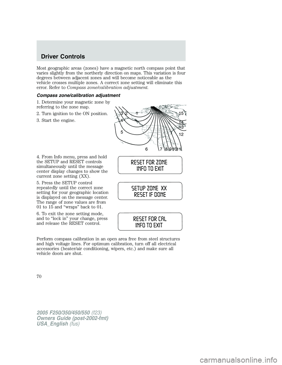 FORD F250 2005  Owners Manual Most geographic areas (zones) have a magnetic north compass point that
varies slightly from the northerly direction on maps. This variation is four
degrees between adjacent zones and will become notic