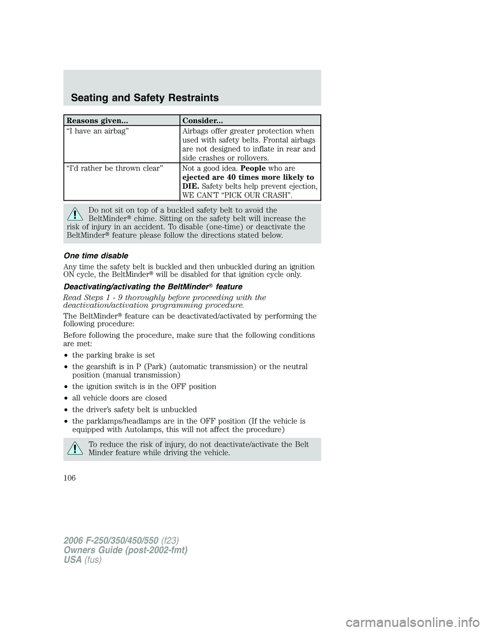 FORD F250 2006  Owners Manual Reasons given... Consider...
“I have an airbag” Airbags offer greater protection when
used with safety belts. Frontal airbags
are not designed to inflate in rear and
side crashes or rollovers.
“